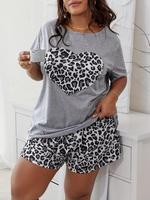 【Plus Size】 Women's Leopard Heart Print Loungewear Set, Casual Short Sleeve T-shirt & Shorts Pj Set, Pajama Sets Women, P...