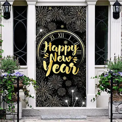 Sparkle Black Gold Clock Happy New Year Door Cover - Aperturee