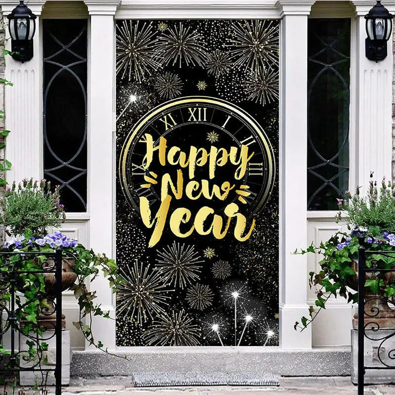 Sparkle Black Gold Clock Happy New Year Door Cover - Aperturee
