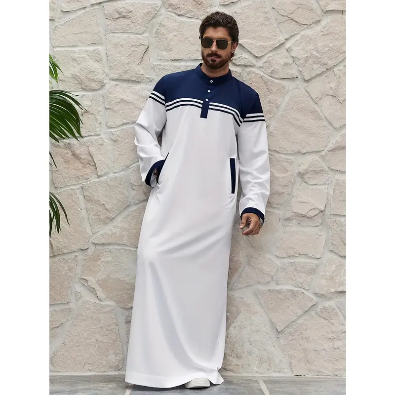 Men's Middle Eastern Modest Robe - Black & White Contrast Trim Stand Collar Button-Front Pocket Long Sleeve Thobe, 97% Polyes...