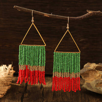 Bohemian Style Triangle Metal Glass Seed Bead Tassel Dangle Earrings for Women