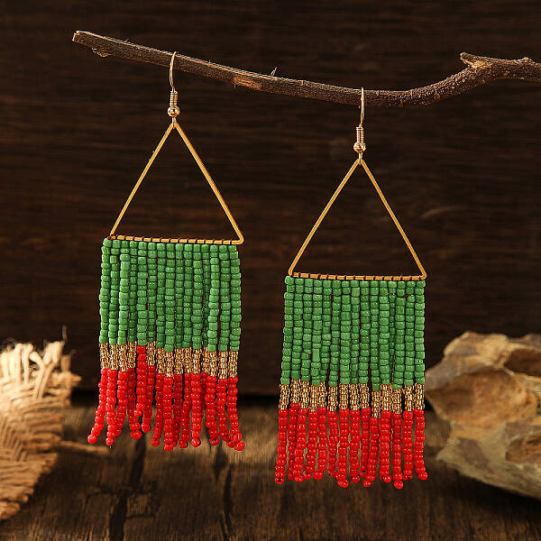 Bohemian Style Triangle Metal Glass Seed Bead Tassel Dangle Earrings for Women