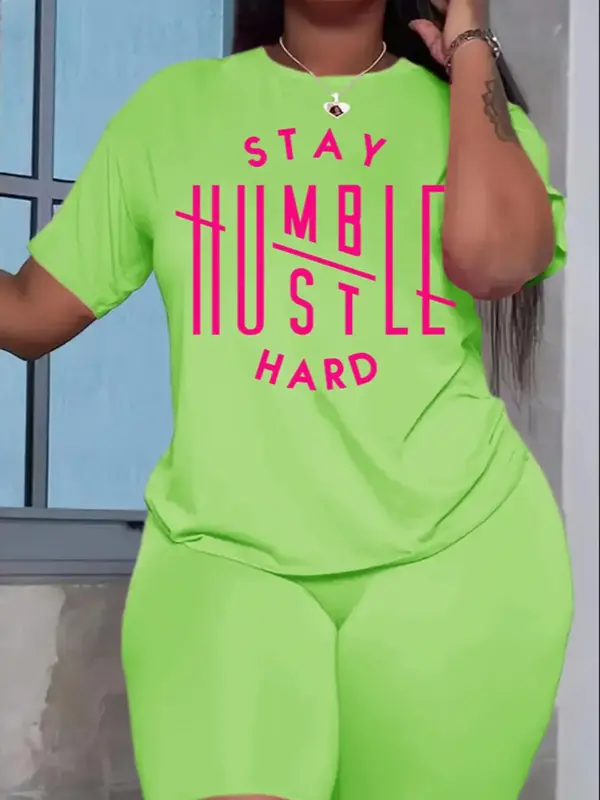 Women's Two-piece Sets Letter Print Short Sleeve T-shirt & Biker Shorts, Summer Clothes Women, Athletic Graphic Tee and Skinn...