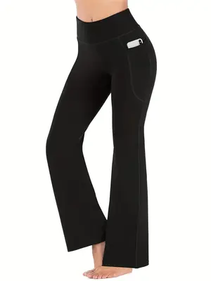 Women's Plain High Waist Pocket Flare Leg Sports Leggings, Casual Comfy High Stretch Seamless Skinny Pants for Yoga Gym, Wome...