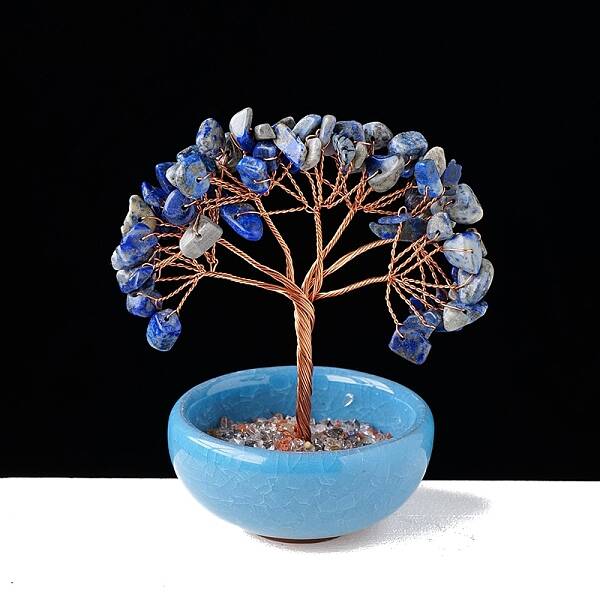 Natural Lapis Lazuli Chips Tree of Life Decorations with Bowl Base