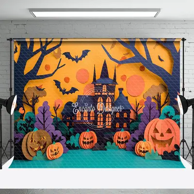 Aperturee Castle Bats Pumpkins Trees Halloween Photo Backdrop - Aperturee