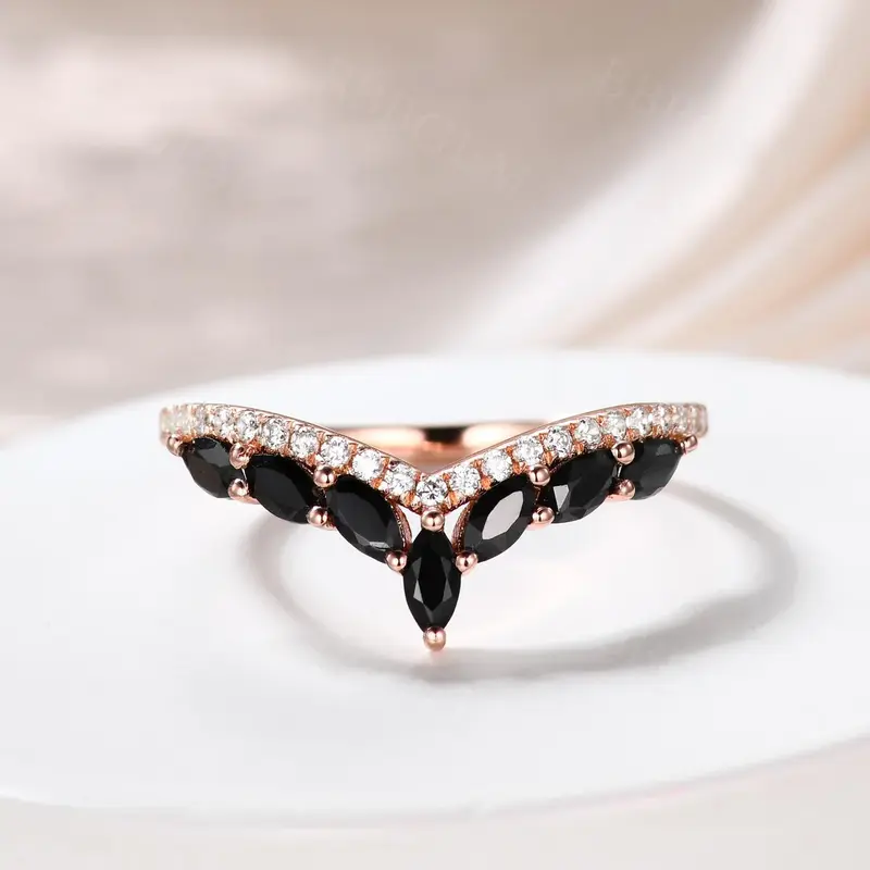 7-Stones Marquise Cut Black Spinel Dimond Crown Stacking V Shaped Band