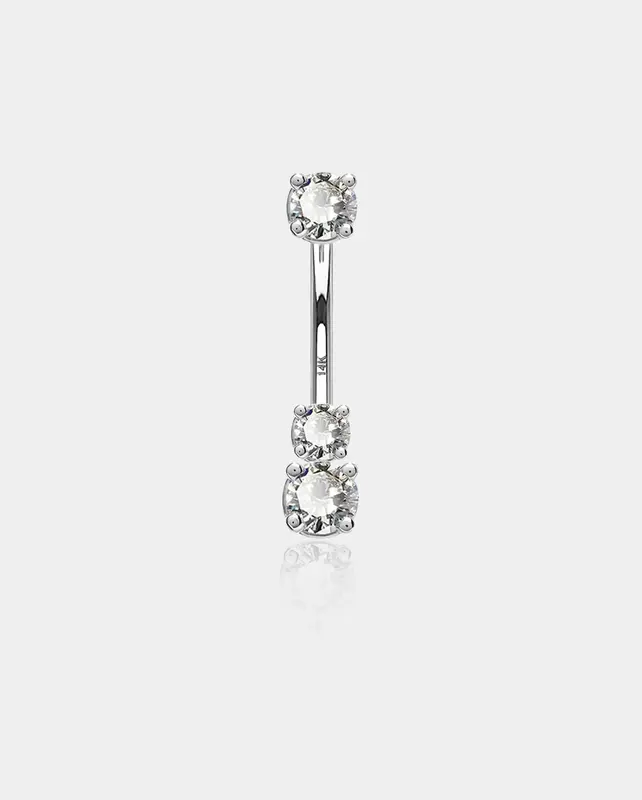 14K White Gold Three Round CZ Belly Ring