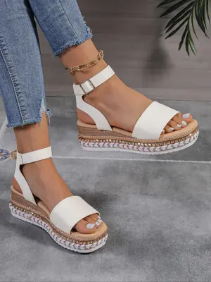 Women's Fashionable Solid Color Buckle Strap Wedges Sandals, Thick Sole Slingback Sandals, Casual Versatile Comfortable San...