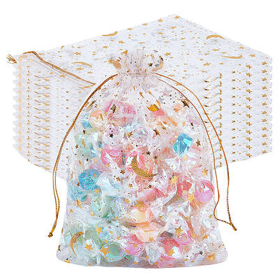 50Pcs Gold Stamping Moon & Star Organza Drawstring Gift Storage Bags