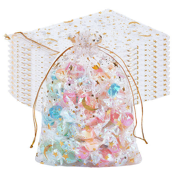 50Pcs Gold Stamping Moon & Star Organza Drawstring Gift Storage Bags