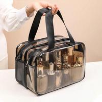 Double Layer Large Capacity Travel Cosmetic Bag, Portable Toiletry Bag, Dry and Wet Separation Transparent Waterproof Makeup ...