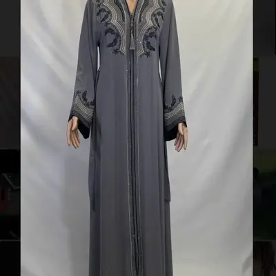 Grey Embroidered Abaya with Rhinestones Designs and Belt - Elegant Women's Fashion Dress