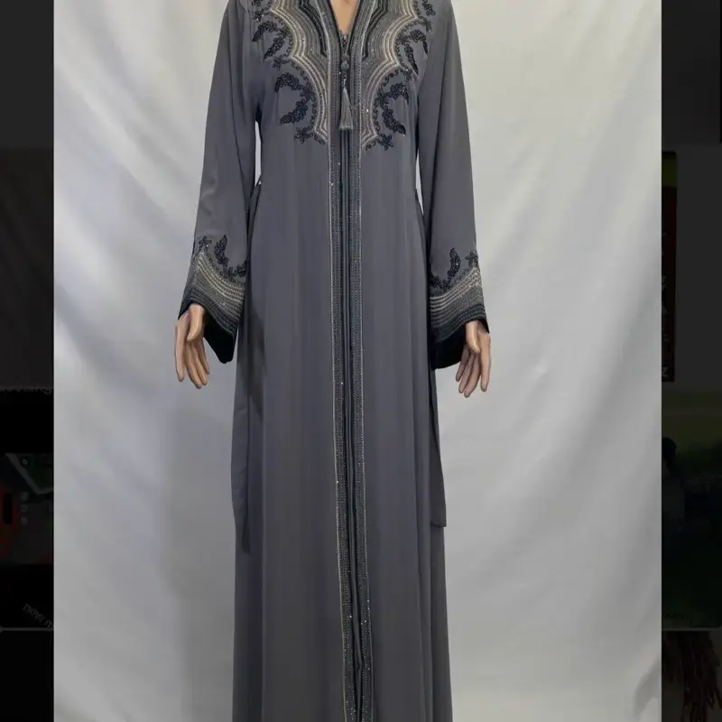 Grey Embroidered Abaya with Rhinestones Designs and Belt - Elegant Women's Fashion Dress