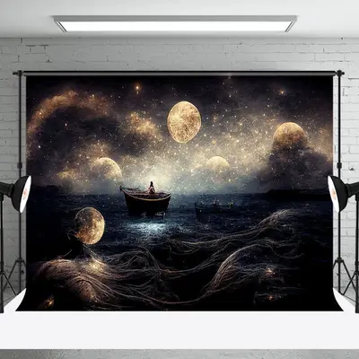 Stars Mythical Style Light Sea Boat Artistic Backdrop - Aperturee