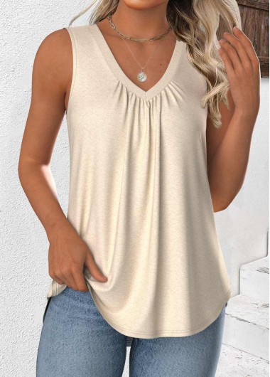 Modlily Beige Sleeveless V Neck Tank Top - M