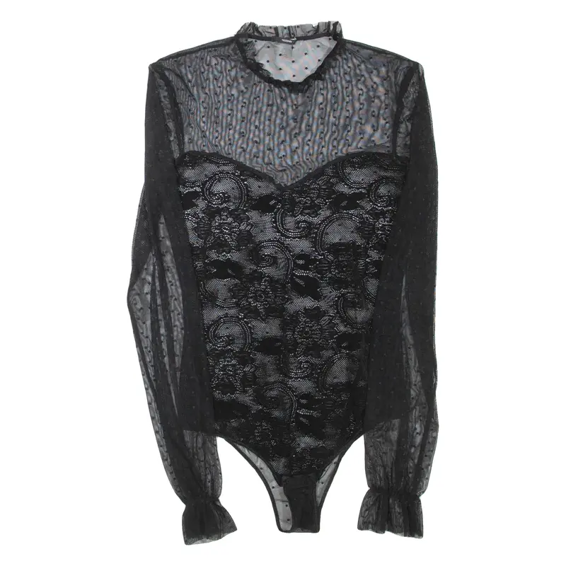 TEZENIS Sheer Womens Bodysuit Black Long Sleeve M