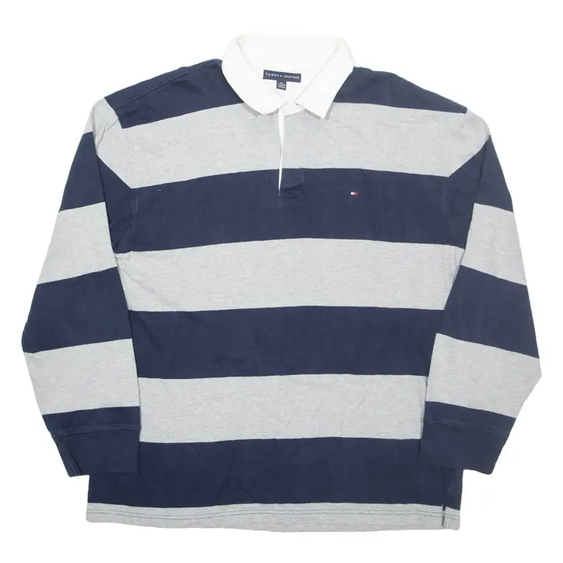TOMMY HILFIGER Mens Polo Shirt Blue Striped Long Sleeve 2XL