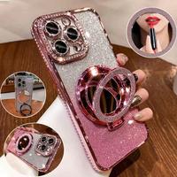 Glitter Rhinestone Phone Case with Ring Mirror Holder, 1 Count Fashion Phone Protective Cover, Phone Accessories for iPhone 1...