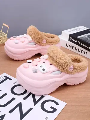 Women's Cute Cartoon Cat Decor Plush Clogs, Casual Soft Comfortable Home Slippers, Warm Slippers for Indoor & Outdoor Use for...