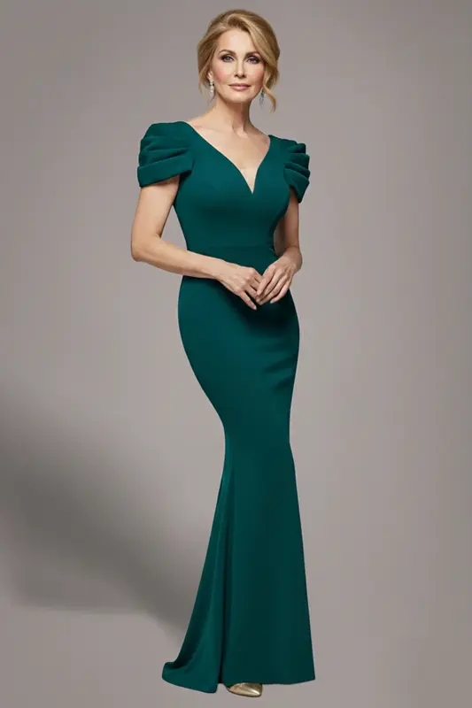 Goddiva Plunging Neck Pleated Sleeves Scuba Maxi Dress - Emerald Green