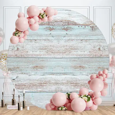 Aperturee Blue And Grey Round Wooden Birthday Backdrop