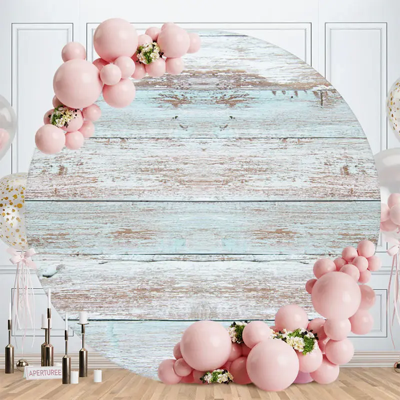 Aperturee Blue And Grey Round Wooden Birthday Backdrop