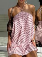 Women's Striped Print Halter Neck Dress, Casual Sleeveless Short Dress for Summer, Ladies Clothes for Daily Wear, Going Out D...