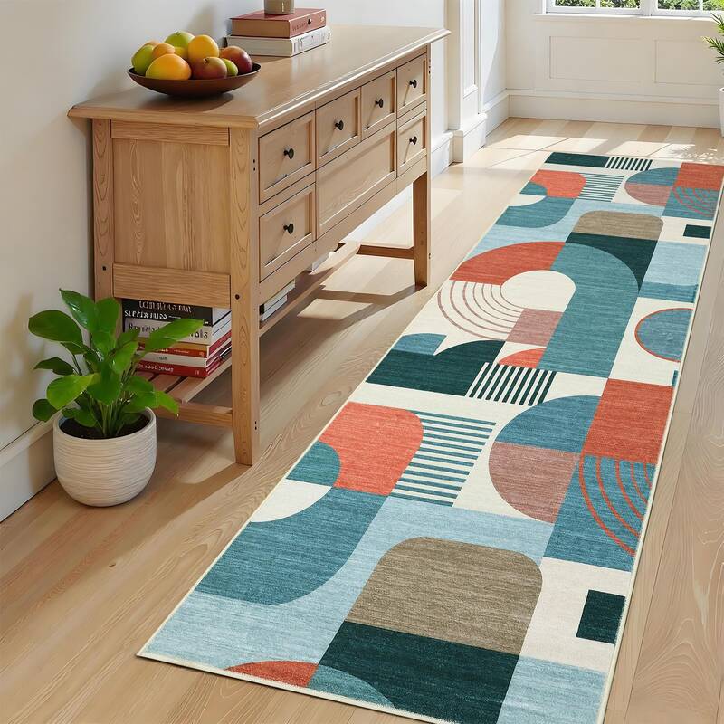 Garvee Runner Rugs 2x6 Boho Geometric Print Low Pile Soft Polyester Non-Slip TPR Backing Machine Washable Entryway Kitchen Be...