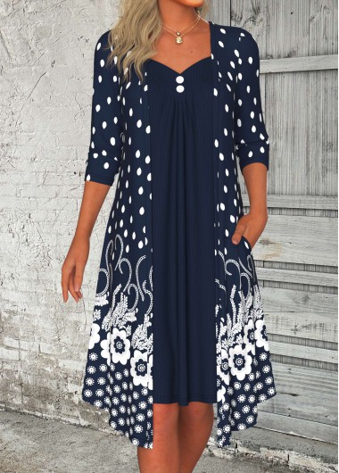 Modlily Navy Button Floral Print A Line 3/4 Sleeve Dress - XXL