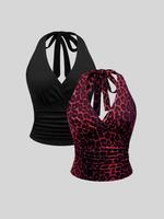Women's Leopard Print Tie Shoulder Cami Top & Solid Color Crop Tube Top, Casual Fashion Two-piece Set for Lady Summer, Women'...