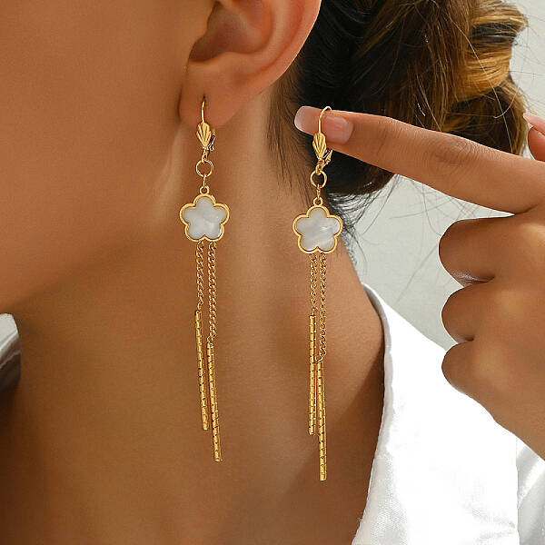 Bohemian Style Long Tassel Vintage Design Fashion Stainless Steel Flower Hoop Earrings for Women