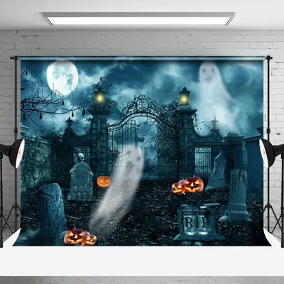 Abandoned Tomb Ghost Manor Hoppy Halloween Night Backdrop