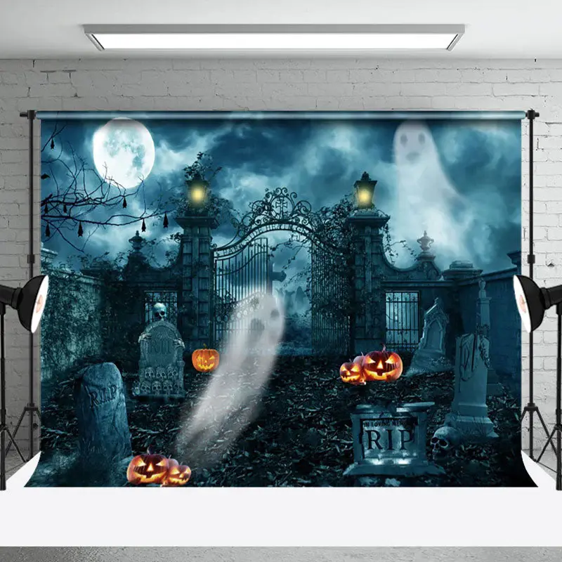 Abandoned Tomb Ghost Manor Hoppy Halloween Night Backdrop