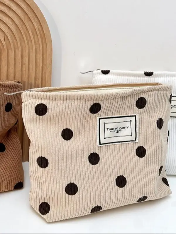 Cute Corduroy Polka Dot Pattern Makeup Bag,  Portable Cosmetic Storage Bag for Travel, Zipper Makeup Organizer Pouch for Wome...