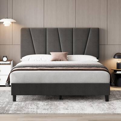 Garvee Full Size Bed Frame with Adjustable Headboard, Linen Upholstered, Strong Wooden Slats, No Box Spring Needed, Easy Asse...