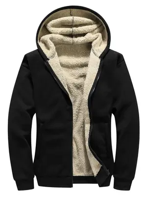 Men's Thermal Lined Zip Front Hooded Sweatshirt, Essentials Hoodie, Regular Fit Casual Long Sleeve Pocket Hoodie, Cold Weath...