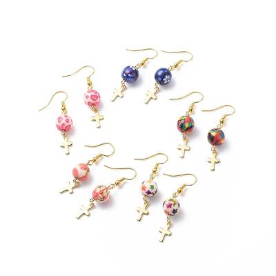 Resin Round Bead with Cross Dangle Earrings