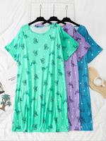 【Plus Size】 Dinosaur Print Round Neck Nightdress, Casual Comfy Short Sleeve Nightgown for Women, Women's Sleepwear for Al...
