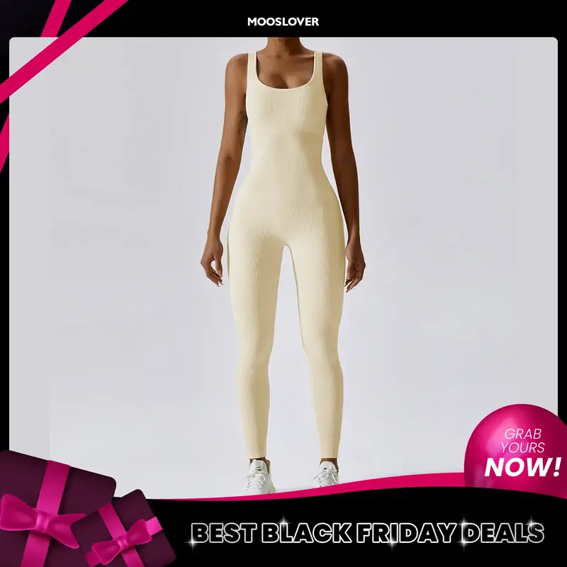 Mooslover Women's Yoga Ribbed Tank Tops Rompers Sleeveless Exercise Jumpsuits Long Sleeve Jumpsuits