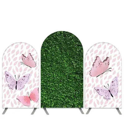 Aperturee Pink Butterfly Theme Green Leaves Arch Backdrop Kit Banner | Custom Arched Wall Covers | Diy Round Arch Backdrop | ...