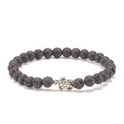 Natural Lava Rock Stretch Bracelet with Alloy Turtle Beaded