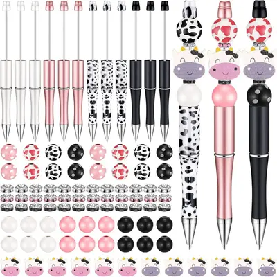 Cow Design Beading Pen Set, 80pcs/set DIY Beading Pen Set, Including 8 Counts Beading Pen & 42pcs Wooden Beading & 30pcs Crys...