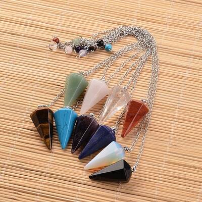 Platinum Tone Brass Natural & Synthetic Mixed Stone Cone Hexagonal Pointed Dowsing Pendulums