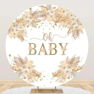 Boho Dried Flower Feather Round Baby Shower Backdrop - Aperturee