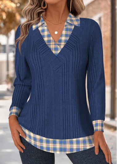 Modlily Navy Tummy Coverage Plaid Long Sleeve T Shirt - L