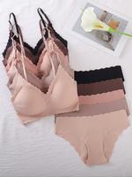 Women's Solid Color Removable Padded Bra & Pastel Color Panties Set, Casual Comfy Breathable Scallop Trim Lingerie Set for Da...