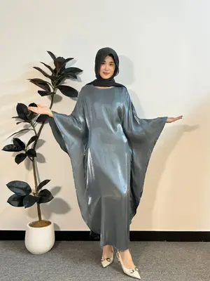 Arabic Clothing-Batwing Sleeve Shiny Kaftan Dress, Elegant Long Sleeve Split Hem Arabian Dress, Women's Islamic Clothing fo...