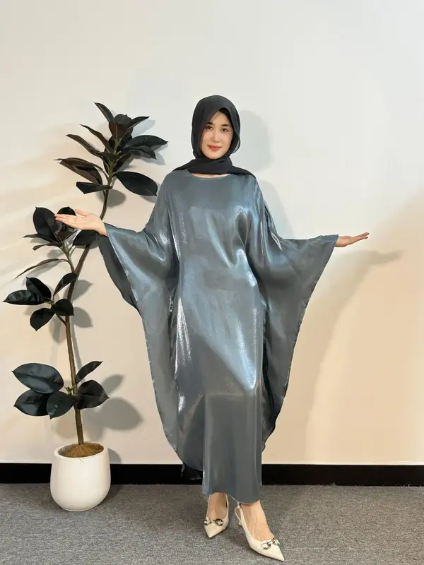Arabic Clothing-Batwing Sleeve Shiny Kaftan Dress, Elegant Long Sleeve Split Hem Arabian Dress, Women's Islamic Clothing fo...