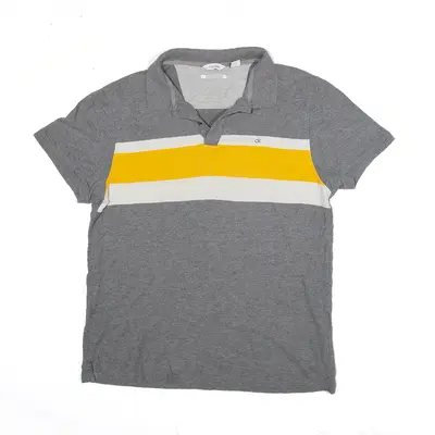 CALVIN KLEIN Polo Shirt Grey Striped Short Sleeve Mens M